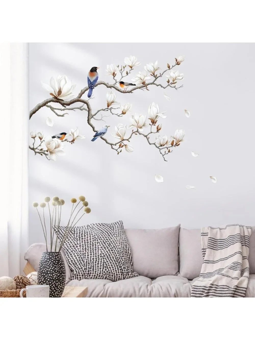 Peel and Stick White Magnolia Tree Wall Decals - Floral Corner Wall Art Stickers